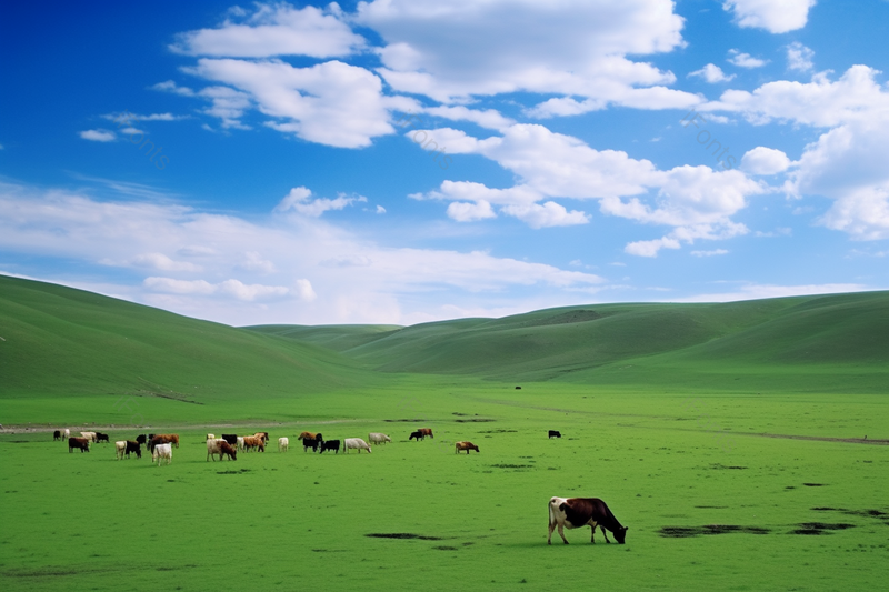 风吹草低见牛羊蓝天白云草原牛羊在吃草,高清,摄影图,摄影图片,图片大全,摄影图免费下载